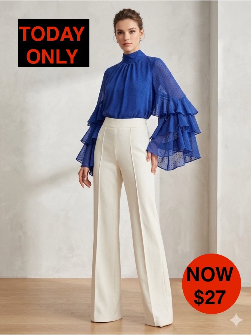 H&M Wide Plumeti Ruffle Sleeve Blouse Mock Neck Cobalt Blue Chiffon  US 2 EUC